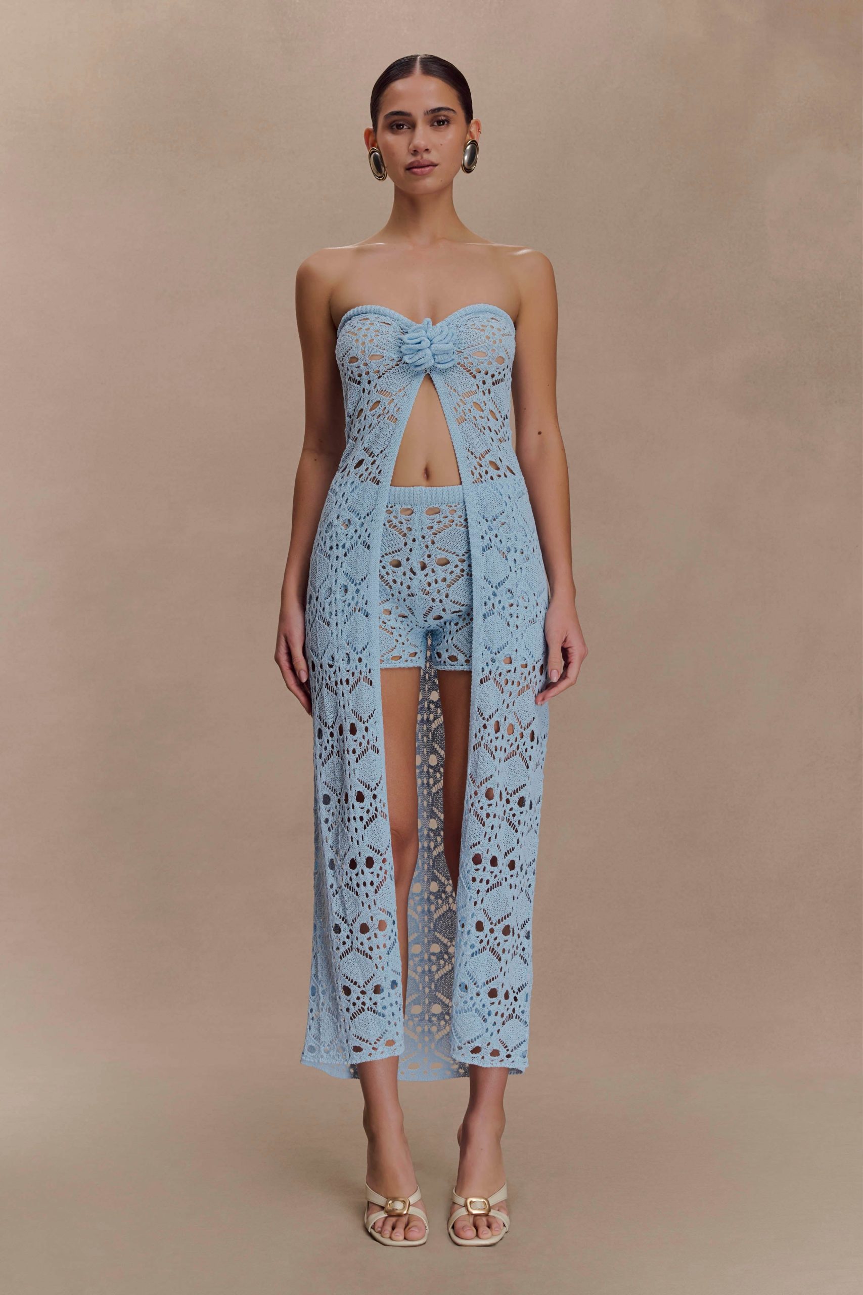 Aeline Strapless Crochet Knit Top - Sky Blue